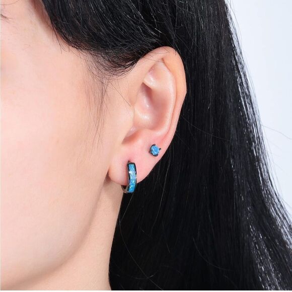 14K Black Gold with Genuine Blue Fire Opal Huggie and Stud Earrings Set of 2 - Picture 5 of 5
